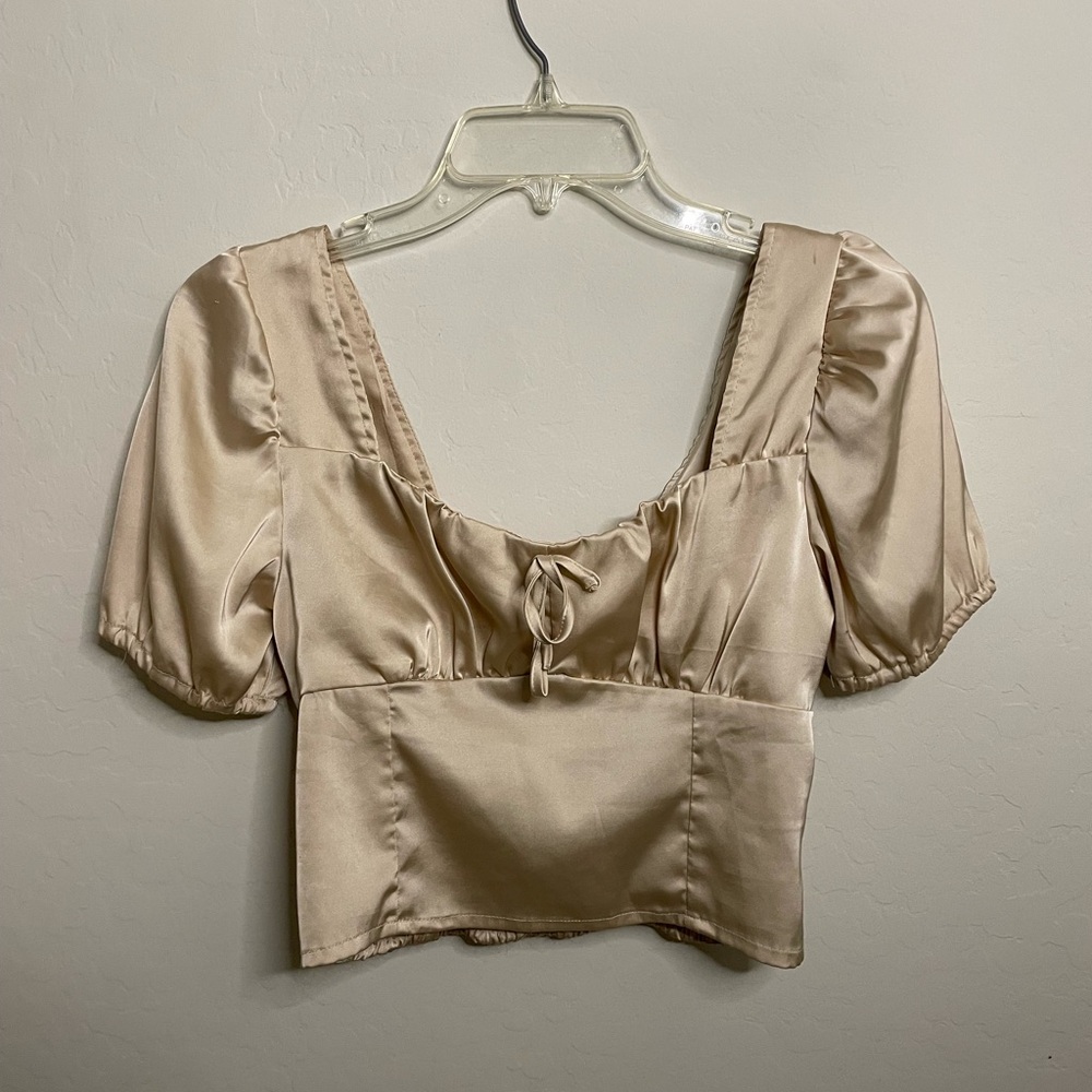 Love Tree Tan Gold Puff Sleeve Crop Blouse